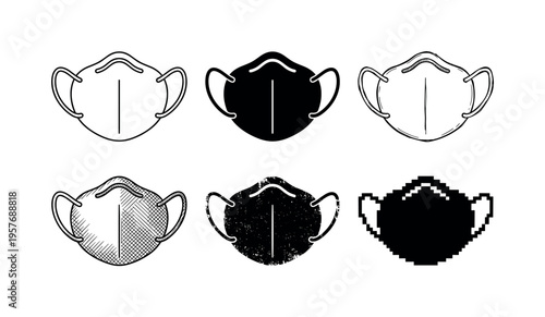 Collection of six different styles of face masks, including line art and pixelated designs