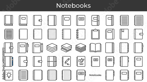 Collection of notebook and journal icons in a clean, modern line art style