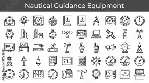 Collection of nautical guidance and navigation equipment icons for maritime safety and travel