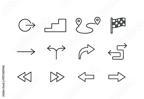 Line style vector icons of UI navigation flow: start, step, path, end; arrow, direction, route, turn; next, previous, back,