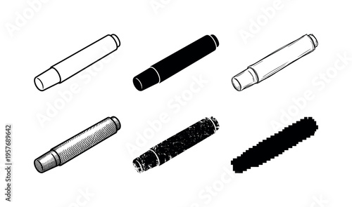 Collection of six isometric cylindrical objects with different artistic styles and textures