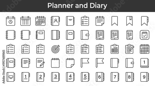 Collection of planner and diary icons for organization and scheduling tasks