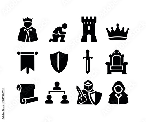 Feudalism Icon Set. Solid vector icons of team feudalism: lord figure, vassal, castle tower, crown, banner, shield, sword, throne,