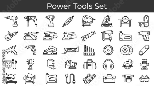 Collection of various power tools and accessories for construction and DIY projects
