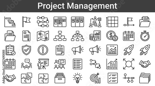 Collection of project management icons illustrating planning, strategy, and execution concepts