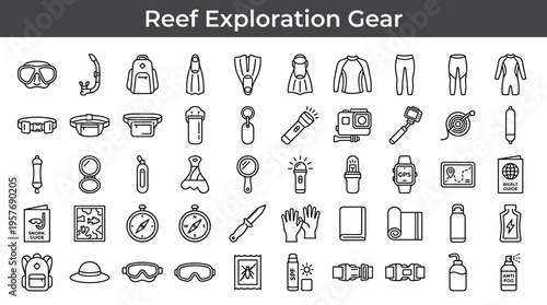 Collection of icons representing essential gear for reef exploration and underwater activities