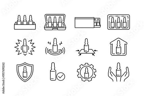 Line style icons of protective ampoule packaging: vial holder, rigid shell, sleeve, insert; impact shield, vibration damp,