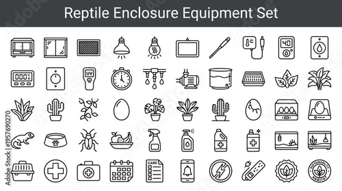 Collection of line art icons for reptile enclosure equipment and supplies