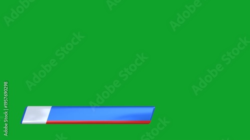 3D animation of glossy blue white and red parallelogram name plate moving horizontally on green screen. 3d rendering