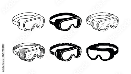 Collection of six different styles of goggles and virtual reality headsets