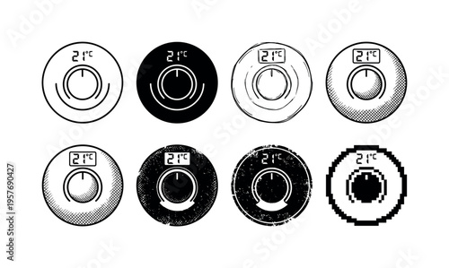 Collection of eight circular thermostat icons with digital temperature display showing 21 degrees Celsius