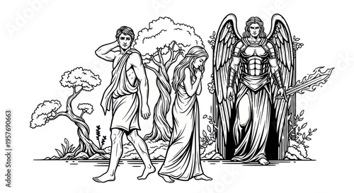 Expulsion from Eden: Adam, Eve, and Angel with Flaming Sword