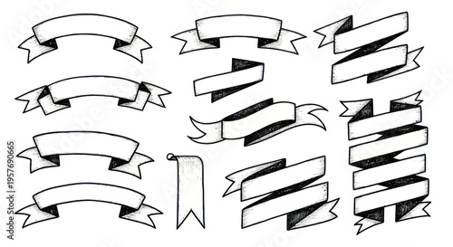 Hand-Drawn Ribbon Banners Collection - Vintage Style Decorative Elements
