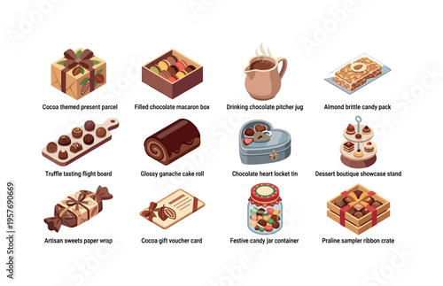 Cocoa themed present parcel, filled chocolate macaron box, drinking chocolate pitcher jug, almond brittle candy pack, truffle