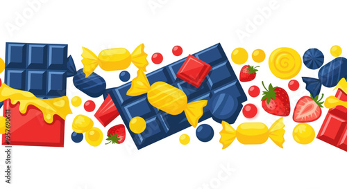 Assorted Candies and Chocolates Border with Strawberries and Blueberries