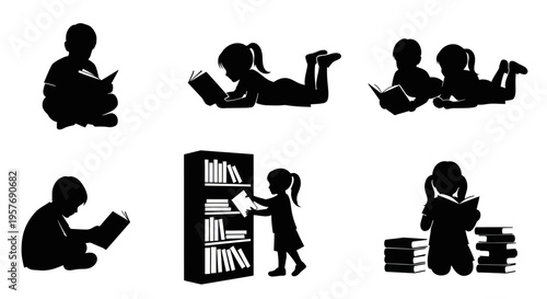Children Reading Silhouettes: Diverse Poses of Kids Enjoying Books