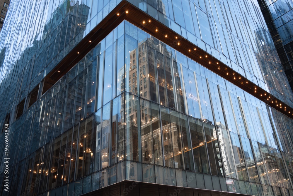 Fototapeta premium Architectural Reflection - A Modern Building Reflecting a Classic Structure.
