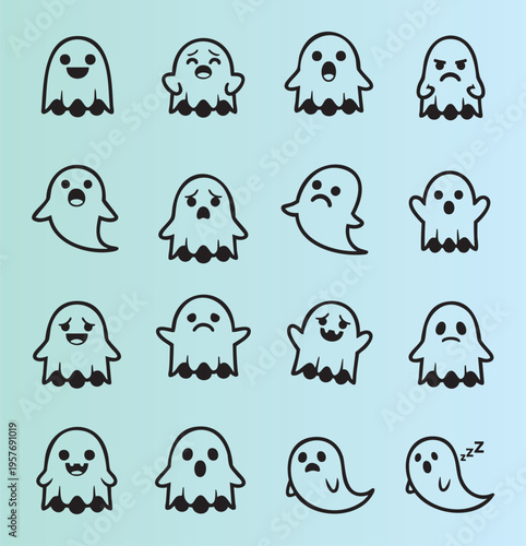 Cute ghost characters with various facial expressions isolated set