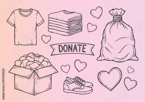 Handdrawn charity donation icons with clothes and love hearts illustration