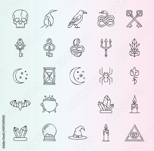Mystical and occult icons collection with esoteric symbols and elements