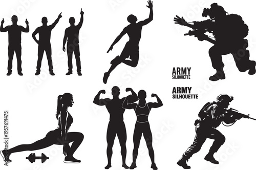 Black silhouettes of people exercising and army soldiers