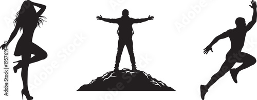 Black silhouettes of people in various dynamic poses