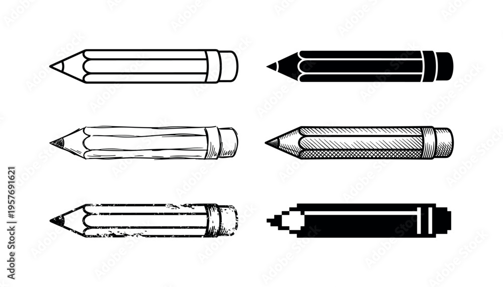 Fototapeta premium Collection of six different pencil illustrations in various artistic styles and textures