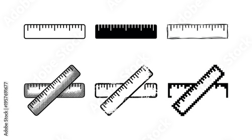 Collection of six different ruler icons in various styles and orientations for measurement