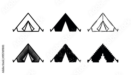 Collection of six different tent icons and illustrations in black and white
