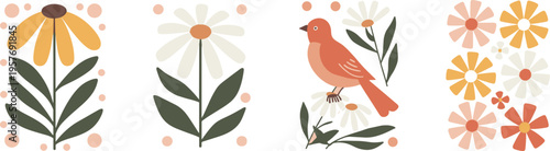Folk art style bird and floral illustrations daisy