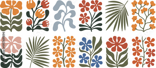 Mid- Century Modern Floral and Leaf Motifs Keywords: floral, leaves, botanical, mid-century