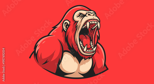 Aggressive Red Gorilla Roaring with Open Mouth and Sharp Teeth