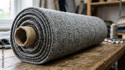 Roll of gray carpet on table.