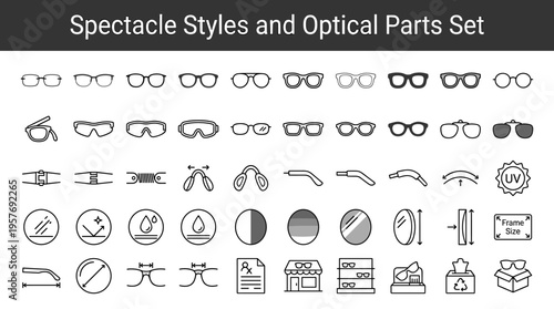 Collection of icons representing various spectacle styles, optical parts, and eye care services