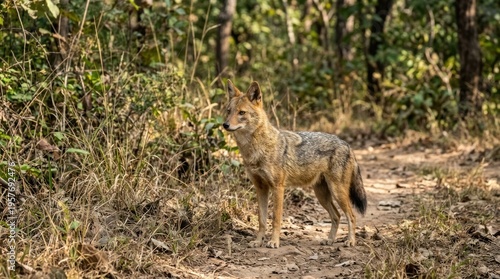Wild wolf standing on forest path.