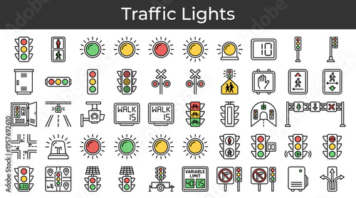 Collection of traffic light icons and road safety symbols for urban planning