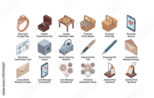 Rose gold vintage ring, leather presentation box, jeweler workshop table, proposal picnic basket, gemstone certification card,