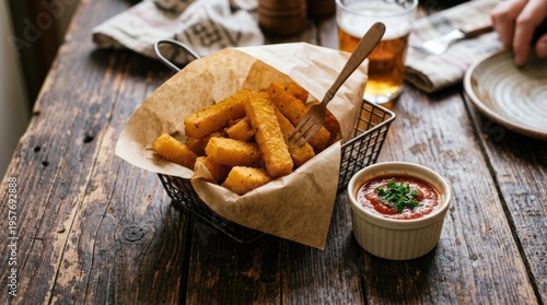 Fried potato chips in a basket.