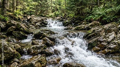 Serene forest stream with rocky terrain.