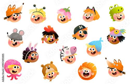 Cute and funny children heads and faces dressed in costumes of birds and animals. Colorful and playful clipart kids collection of isolated heads cartoons. Vector character cartoons set for children.