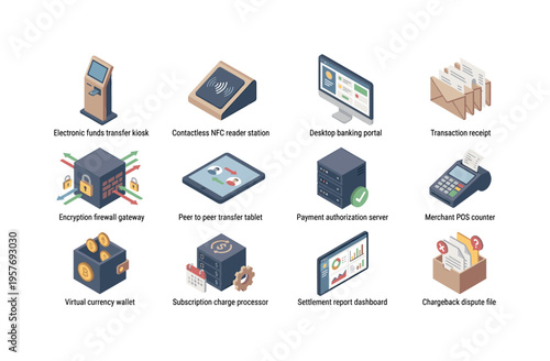 Electronic funds transfer kiosk, contactless NFC reader station, desktop banking portal screen, transaction receipt envelope slab,