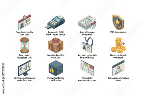 Annual plan booklet card, auto debit bank terminal, scheduled invoice sheet, VIP star emblem, trial period hourglass unit,