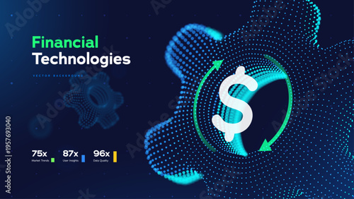 Fintech Concept With Currency Symbol, Rotation Arrows, And Glowing Torus Gear Made Of Blue Particles. Wealth Solutions And Digital Finance. Vector Illustration.