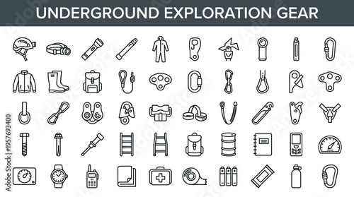 Collection of line art icons representing underground exploration and caving equipment