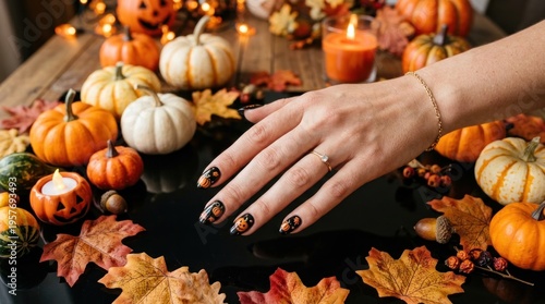 Womans hand with autumn nail design.