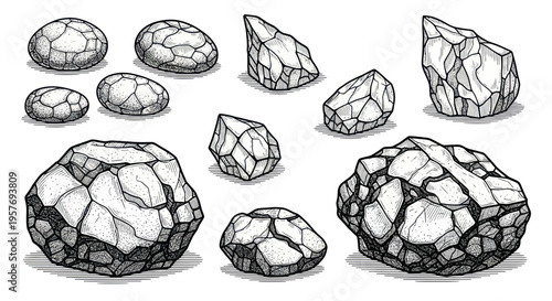 Hand-drawn collection of various rocks and stones, sketch style, isolated on white