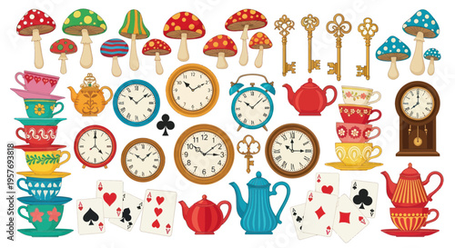 Alice in Wonderland Collection: Teacups, Clocks, Keys, Mushrooms, and Playing Cards