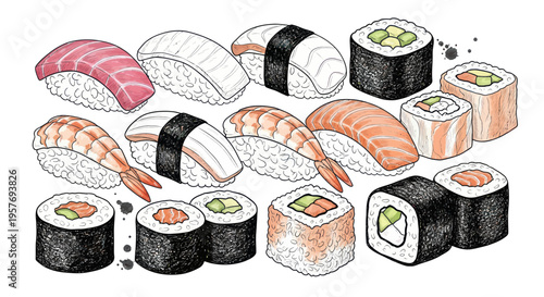 Assorted Sushi and Maki Rolls Illustration