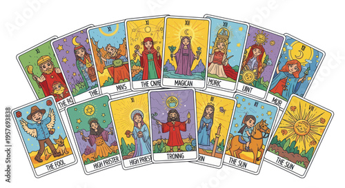 Colorful Tarot Cards Spread - Fortune Telling, Divination, Mysticism, Esoteric Symbols
