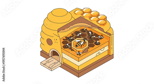 Cross-section of a Beehive showing bees, honeycomb, and honey production